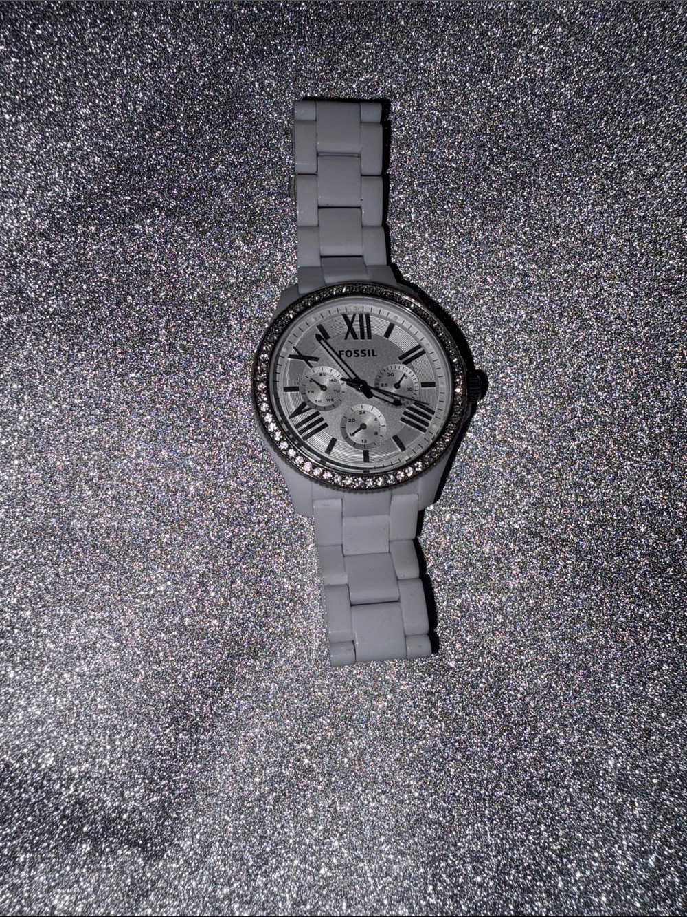 Fossil Women’s White Silicone Chronograph with Crystal Bezel